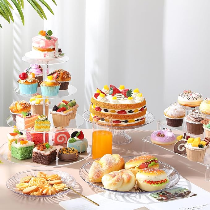 6 Pcs Acrylic Dessert Stands Set Include Display Risers Cupcake Tower and Clear Round Dessert Trays Cake Table Holder for Wedding Baby Shower Decoration(Novel Style) - Image 2