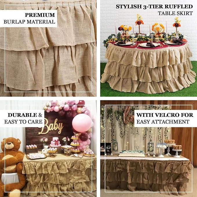 Efavormart 3 Tier Rustic Elegant Ruffled Burlap Table Skirt for Kitchen Dining Catering Wedding Party Decorations Events - 17 Ft - Image 4