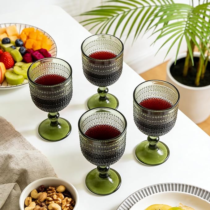 Green Wine Glasses Set of 4, 12oz Vintage Goblet Glasses, Embossed Glass Cups Hobnail Glassware for Weddings, Dinners, and Holiday Gifting
