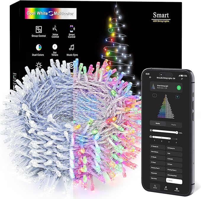 BrizLabs Multicolor & Cool White Color Changing Smart Christmas Lights, 180ft 500 LED Christmas Tree Lights with App & Voice Control, Dimmable Xmas Lights Clear Wire for Indoor Outdoor Xmas Tree Decor