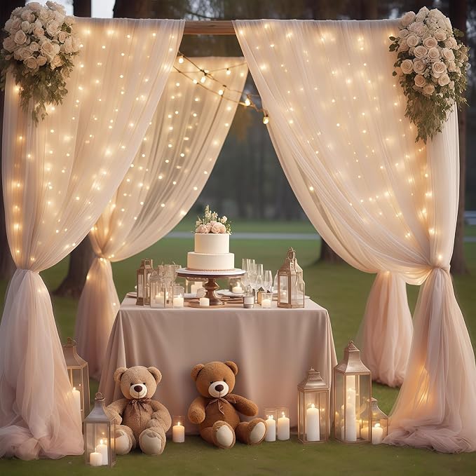 10×10ft Champagne Tulle Backdrop Curtain with Lights String for Parites, Sheer Photo Curtain Backdrop Drapes for Wedding Party Photography Backgrounds - Image 3