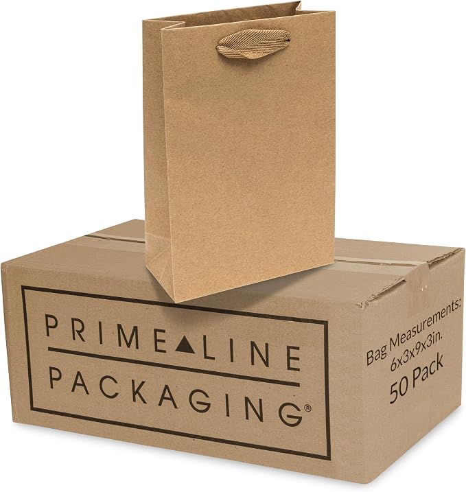 Prime Line Packaging Brown Gift Bags, Kraft Gift Bags Mini with Handles for Small Business, Boutiques, Retail Use, Wrapping, Party Favors, Bulk, 6x3x9, 50 Pack by PrimeLinePackaging