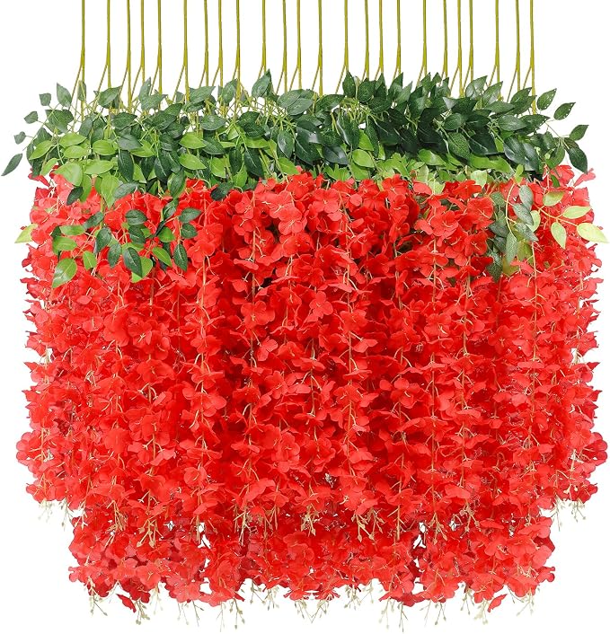 U'Artlines 24 Pack (Total 86.4 Feet) Artificial Fake Wisteria Vine Rattan Hanging Garland Silk Flowers String Home Party Wedding Decor (24, Red) by UArtlines