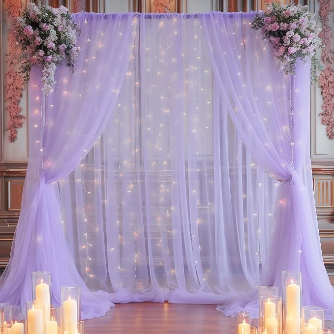 20ft x 10ft Purple Backdrop Curtain with Lights String for Parties, Sheer Tulle Wedding Photo Backdrops Drapes for Baby Shower Birthday Party Decorations Background for Photography - Image 5