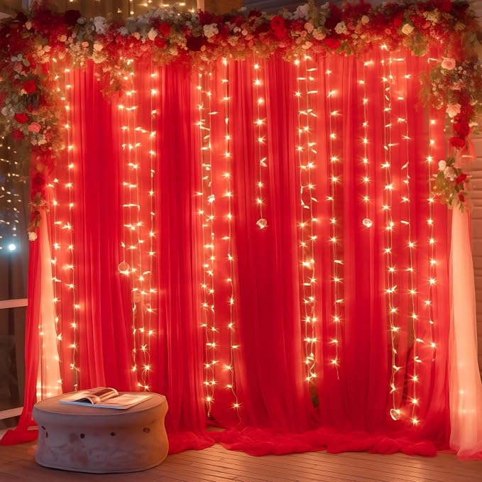 10ft x 8ft Red Backdrop Curtain with Lights String for Parties, Sheer Tulle Wedding Photo Backdrops Drapes for Baby Shower Birthday Party Decorations Background for Photography - Image 3