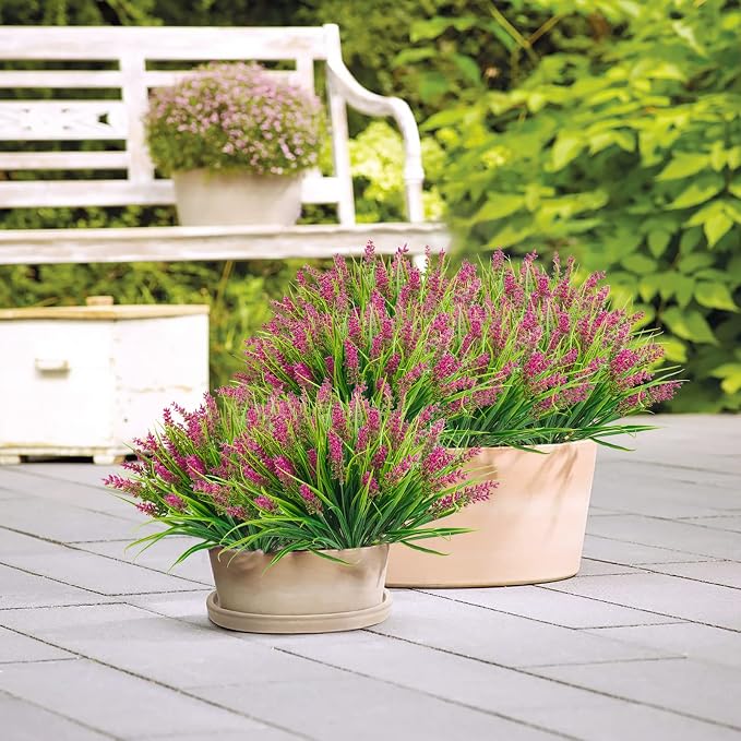 obbsie 12 Bundles Artificial Plants Outdoor, 18.2" UV Resistant Faux Monkey Grass Greenery Stems No Fade Faux Plastic Flowers Shrubs for Home Weddings Garden Porch Front Patio Office Decor - Rose Red - Image 6