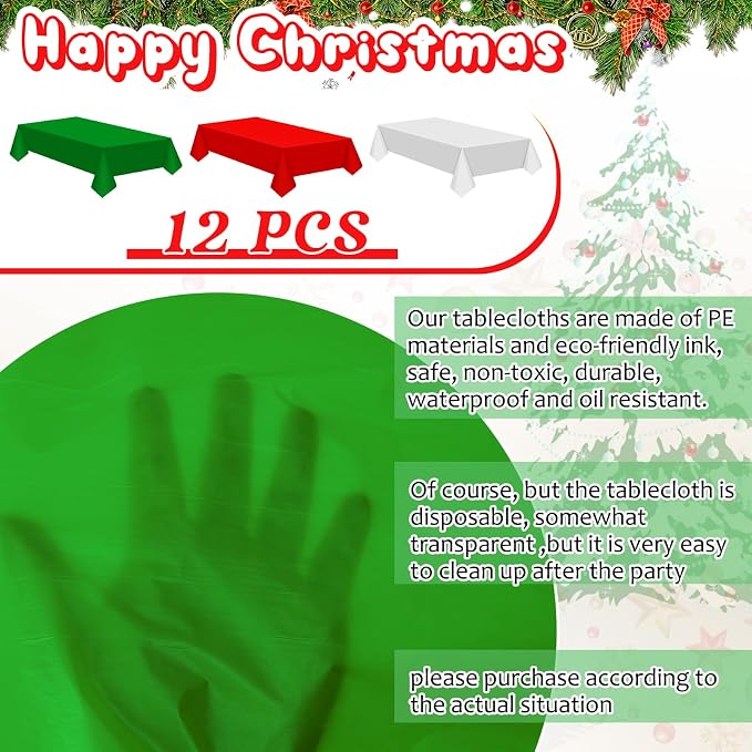 Patelai 12 Pcs Christmas Tablecloth Disposable Plastic Table Cover for Rectangle Tables Red Green White Table Cloth for Xmas Christmas Party Decorations, 60 x 102 Inch - Image 3