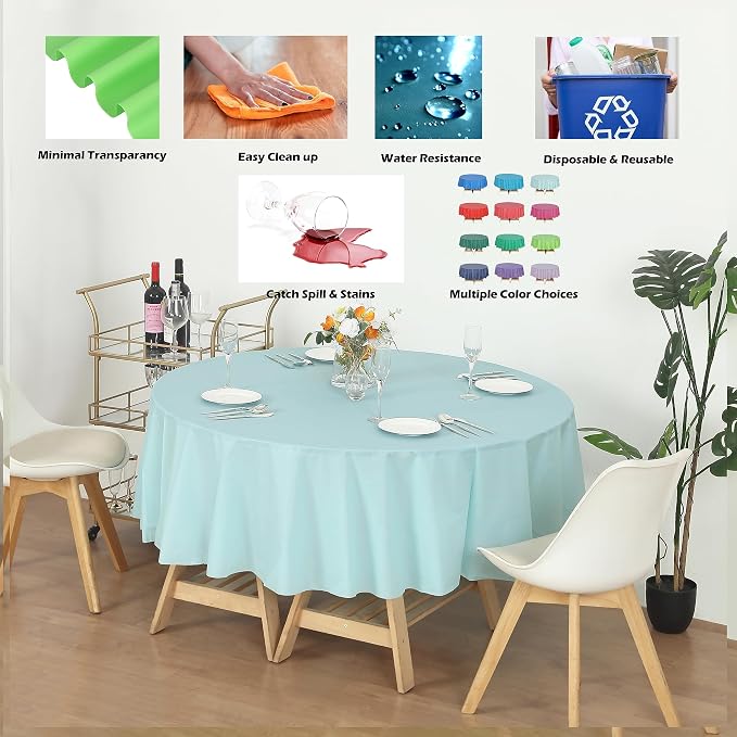 Evershine Case of 72 Pack Bulk Heavy Duty Light Blue Round 84" Plastic Table Covers Tablecloth (Reusable) (Round 84", Light Blue) - Image 2