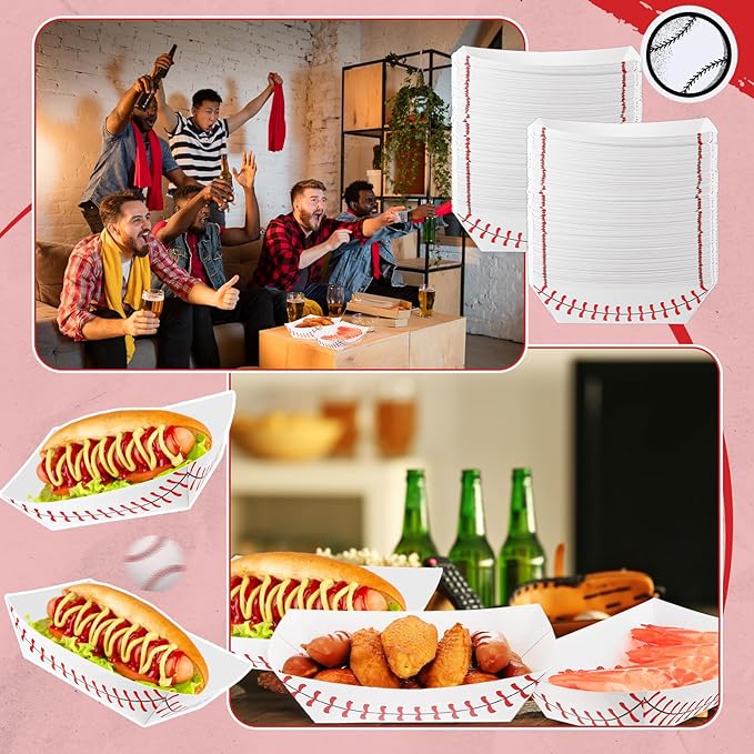 Roshtia 100 Pack Baseball Nacho Trays Paper Food Boats Disposable,2lb | Baseball Birthday Party Supplies, Red Stitching Design, Boat Shape for Hot Dogs Nachos, Decorations Game Day Celebrations - Image 4