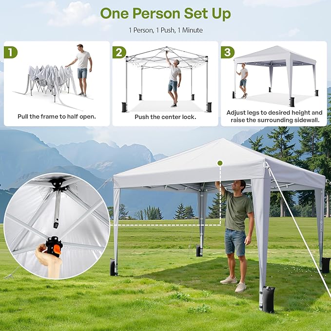10x10 Pop Up Canopy with Sidewalls, Instant Portable Canopy Tent with Carry Bag for Commercial Events, Camping, Parties - White