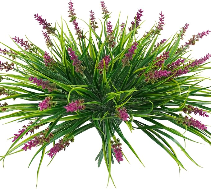 obbsie 12 Bundles Artificial Plants Outdoor, 18.2" UV Resistant Faux Monkey Grass Greenery Stems No Fade Faux Plastic Flowers Shrubs for Home Weddings Garden Porch Front Patio Office Decor - Rose Red by ObbsieDirect