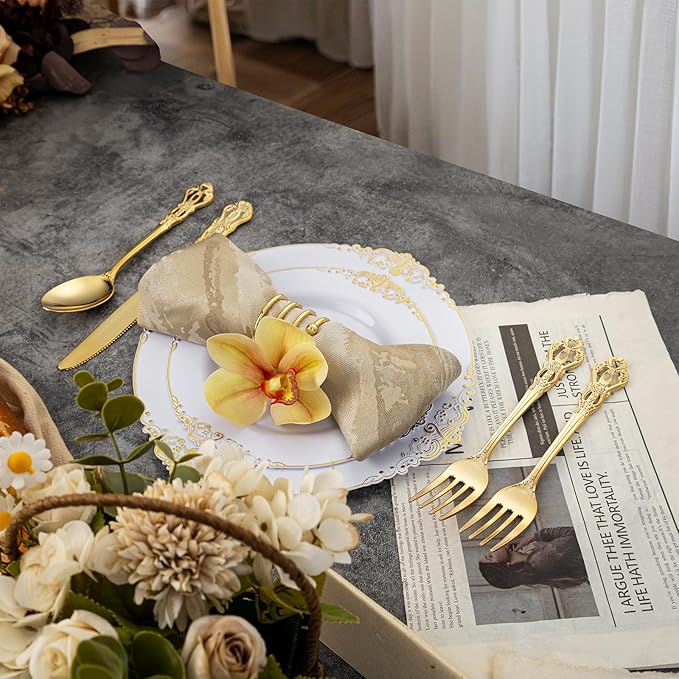 90 Pieces Gold Plastic Silverware - Heavy Duty Gold Disposable Utensils - Fancy Plastic Cutlery Set Includes 30 Forks, 30 Spoons, 30 Knives for Dinner Parties Weddings