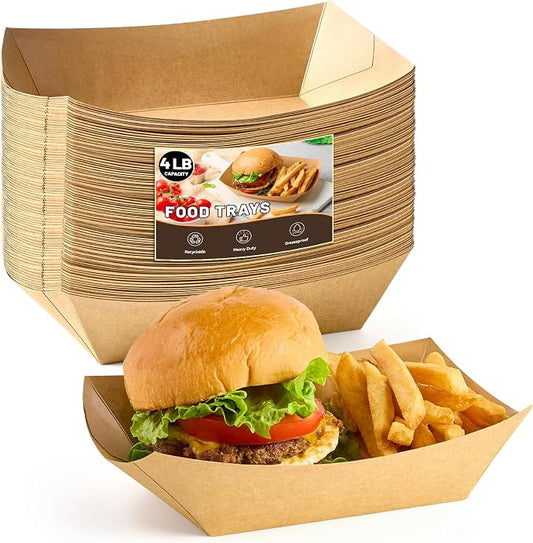 ZORRITA 50 Pack 4 LB Large Paper Food Trays | Disposable, Kraft Paper, Nacho Trays, Food Boats, Party Serving Basket, For Nachos Sandwiches Burgers Popcorns Salads Snacks by ZORRITA