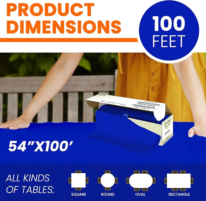 LEMON + Co. Blue Premium Plastic Tablecloth Roll - 54" x100' for Parties with Cutter Box - Cut to Size Rectangle & Round Disposable Tablecloth Plastic Table Cover - Image 4