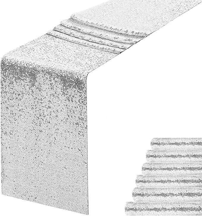 Silver Sequin Table Runner 6 Pack, 12x108 Inch Glitter Table Runner by WISPET