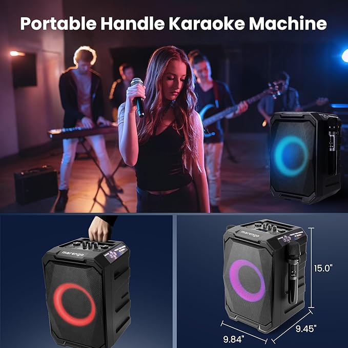 Karaoke Machine with 2 Wireless Microphones, Portable Bluetooth Party Karaoke Speaker with LED Lights, Bass/Treble Adjustment, TWS, 800W(Peak) PA System for Home Party, Supports USB/AUX/REC/Mic-in