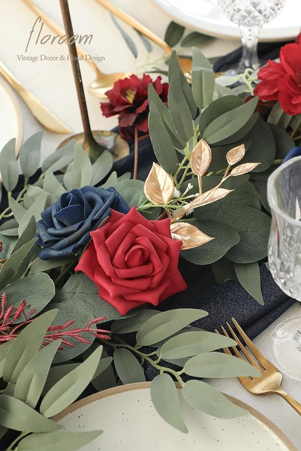 Floroom 6ft Artificial Eucalyptus Garland with Flowers Fake Greenery Faux Floral Vine Garland for Table Decor Wedding Centerpieces Bridal Shower Party Decorations, Dark Red Burgundy Navy - Image 4