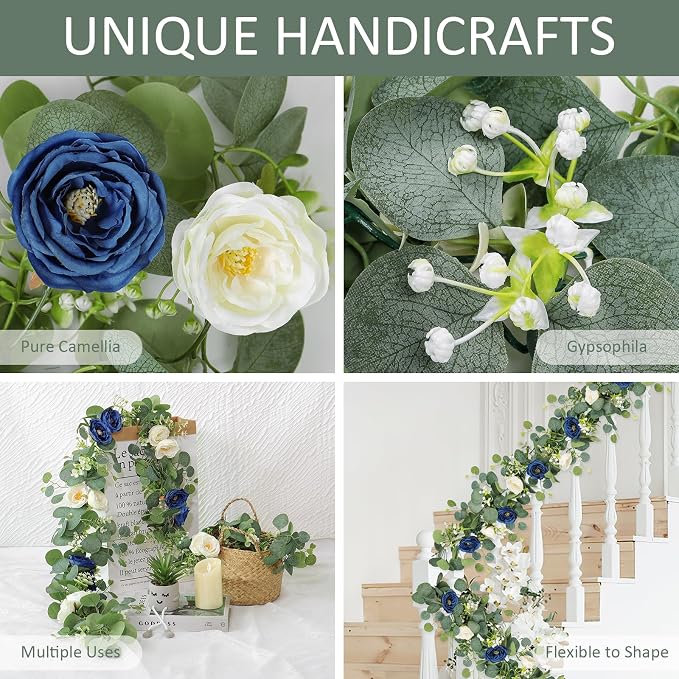 TOCHGREEN 4 Pack Artificial Eucalyptus Flower Garland with White Blue Roses | Fake Rose Flower Greenery Garland Floral Vines for Wedding Centerpiece Backdrop Home Party Table Runner Decor - Image 4