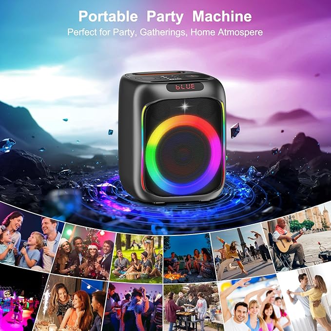 Karaoke Machine with 2 Wireless Microphones, 80W Portable Bluetooth Speaker, Party Speaker with LED Colorful Lights TWS Pairing, Karaoke Speaker Supports for Mic Input,USB,AUX,TF Card