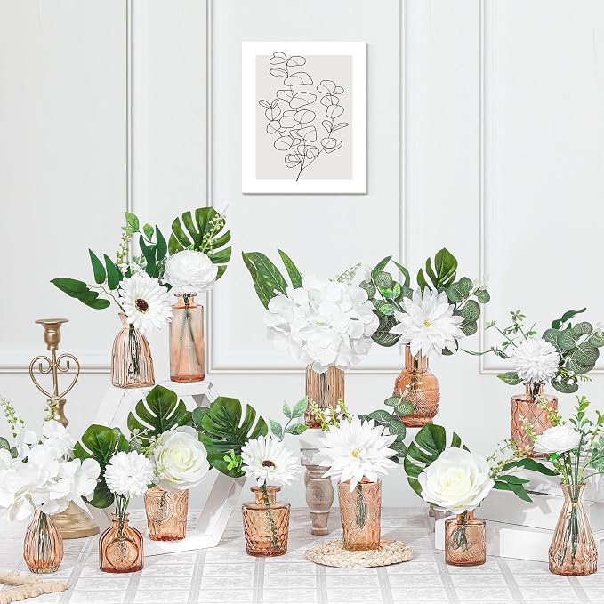 FoldTier 108 Pcs Artificial Flowers in Vase 96 Pcs Faux Greenery Stem Table Centerpiece Fake Plants Silk Roses Arrangement 12 Pcs Glass Vase Sets for Wedding Bathroom Home Dining Decor(Champagne) by FoldTier