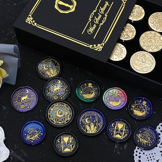 SWANGSA Magic Space Wax Seal Stamp Gift Box Set, Vintage 6 Sealing Stamp Heads + 1 Wooden Hilt, Wax Stamp Kit for Party Invitations, Envelops, Cards and Gift Packaging (Magic Space)