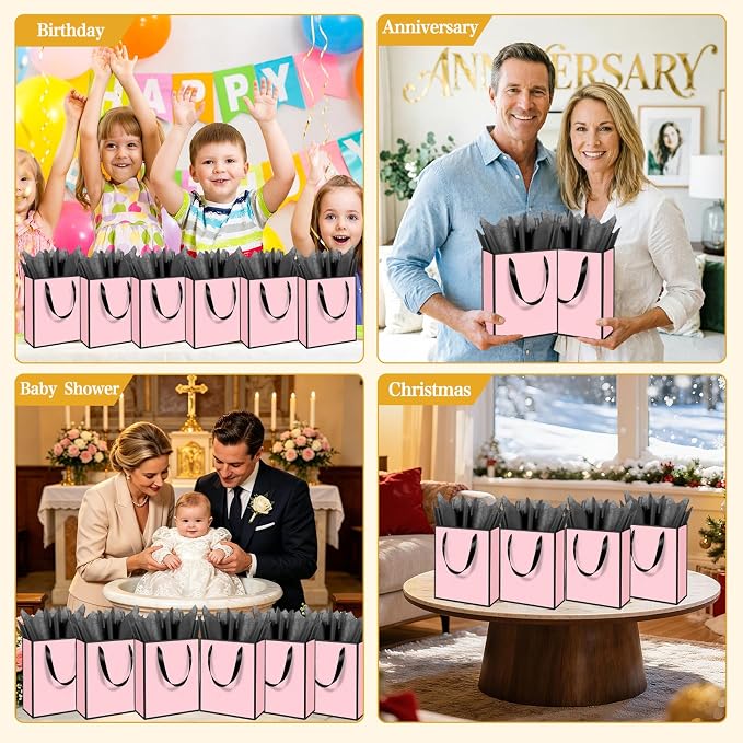 Epoesch 12 Pack Gift Bags with Handles & 12 Tissue Papers – 8x5x10 Inches | Pink with Black Edge for Birthday Parties, Weddings, Baby Showers, Holidays, Christmas, Thank You & Welcome Gifts - Image 4