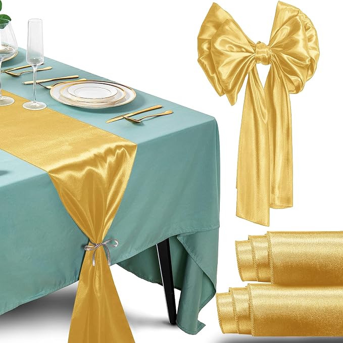 SI Pack of 5 Wedding 12 x 108 inch Satin Table Runner for Wedding, Decorations for Graduations, Engagements, Birthday Parties, Banquets, Runners fit Rectangle, Round Table - Light Gold by Unknown