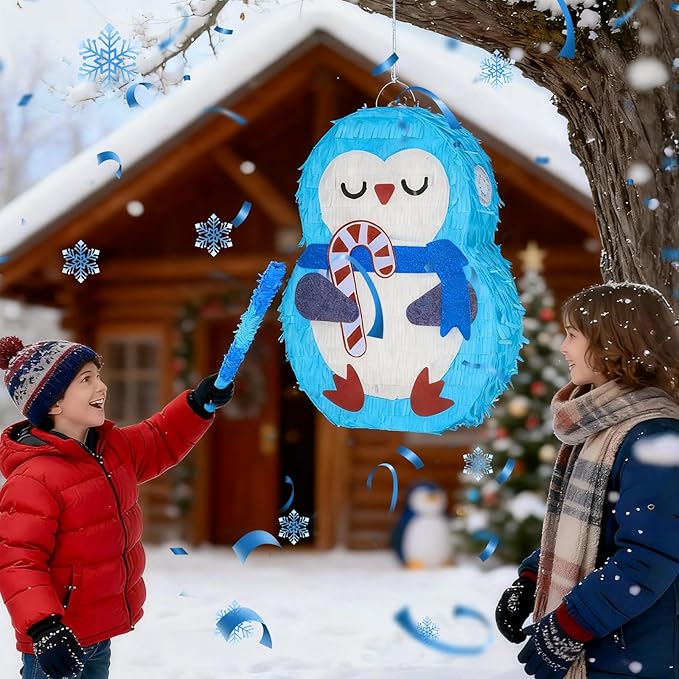 Cute Penguin Pinatas Bundle with a Blindfold and Bat (Small Size 16.5x12x4 Inches), Perfect for Winter boys and girls Birthday Party Supplies, Christmas Party Decoration Games for Kids Party