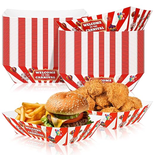 Tenceur 100 Pcs Carnival Paper Food Trays Disposable Boats 2 lb | Carnival Circus Birthday Theme Party Decorations, Hot Dog Containers Nacho Plates Food Containers, Red and White Stripe by Tenceur