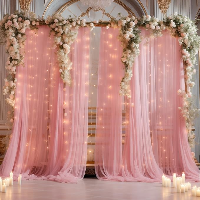 10ft x 8ft Dusty Rose Backdrop Curtain with Lights String for Parties, Sheer Tulle Wedding Photo Backdrops Drapes for Baby Shower Birthday Party Decorations Background for Photography - Image 3