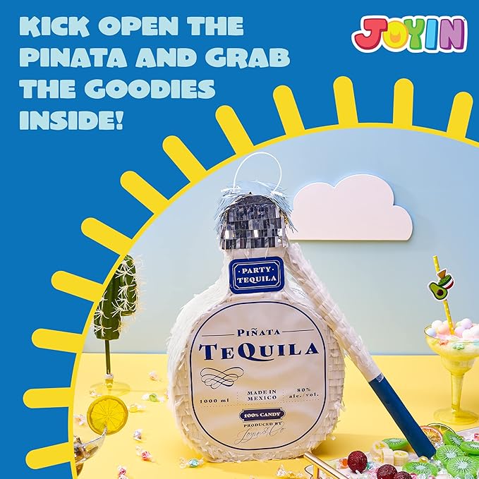 Tequila Bottle Pinata with Stick for Adult Party Decorations, Fun Fiesta Taco Party, Event Photo Props, Mexican Theme Decoration, Carnivals Festivals, 9.8W x 15.7H