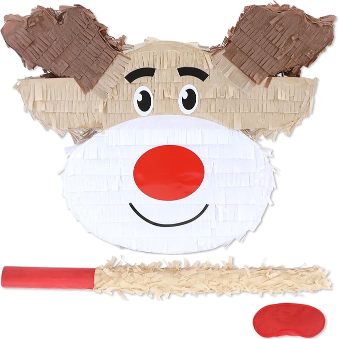 Christmas Reindeer Pinatas Bundle with a Blindfold and Bat (Small Size 16.5 x 12 x4 Inches), Holiday Theme Piñata, Christmas Party Supplies, Xmas Piñata, Party Decoration Games