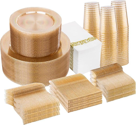 700 Pcs Gold Glitter Plastic Dinnerware Set, Plastic Disposable Plates | 100 Dinner Plates, 100 Dessert Plates, 100 Napkins, 100 Cups, 100 Spoons, 100 Forks, 100 Knives, Perfect for Party & Wedding by I00000