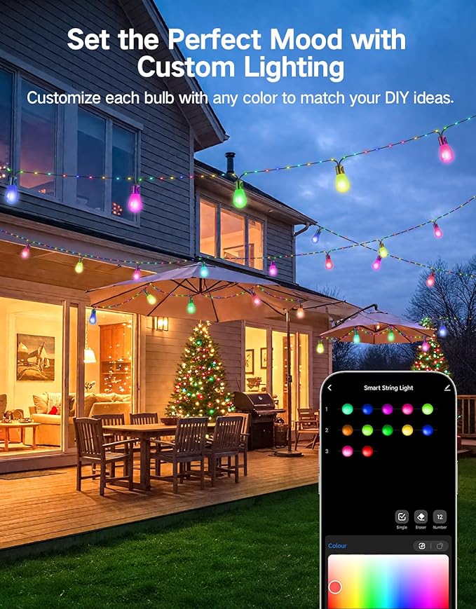 OUTON Outdoor String Lights, 46FT RGBAI Smart Festoon Lights Outdoor, Waterproof IP65, Remote & APP Control, Works with Alexa, Google Assistant, Dimmable Warm White Garden Lights for Backyard Party