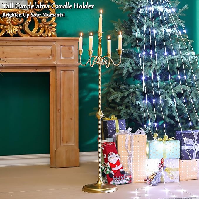 42.7 Inch Floor Candelabra Candle Holder Set of 2, 5 Arms Gold Candlestick Holders, Tall Candelabras Centerpiece for Taper Candles, Metal Standing Candlesticks for Wedding Birthday Party Home Decor