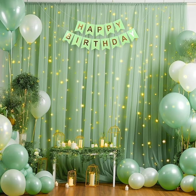 10ft x 8ft Green Backdrop Curtain with Lights String for Parties, Sheer Tulle Wedding Photo Backdrops Drapes for Baby Shower Birthday Party Decorations Background for Photography - Image 6