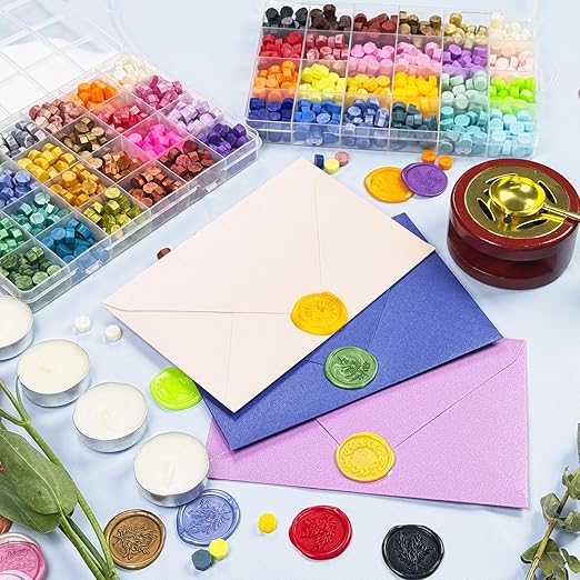 48Colors Sealing Wax Beads for WaxSeal Stamp with 4Pcs Tea Candles,1 Pcs Warmer and 1 Pcs Wax Melting Spoon for Gift Sealing, Wedding Invitation,Letter Envelopes,Sealing Wine Bottle