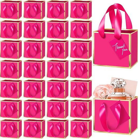 Yeaqee 25 Pcs Mini Metallic Paper Gift Bags with Handle, Hot Pink, Gold | 4.75x2.25x4'' Small Gift Bag with DIY Tag, Tiny Thank You Party Favor, Wedding Baby Shower Birthday Back to School Jewelry by Yeaqee