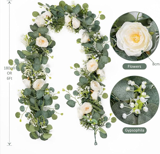 TOCHGREEN 2 Pack Artificial Eucalyptus Flower Garland with White Roses | Fake Rose Flower Greenery Garland Floral Vines for Wedding Centerpiece Backdrop Home Party Table Runner Decor - Image 5
