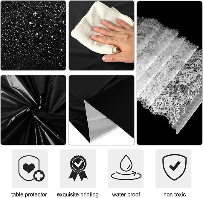 Oudain 6 Pcs Plastic Tablecloth Disposable Rectangular Tablecloth 54 x 108 Inch Tea Party Table Cover Lace Table Runner for Wedding Birthday Baby Shower Anniversary Decoration (Black) - Image 3