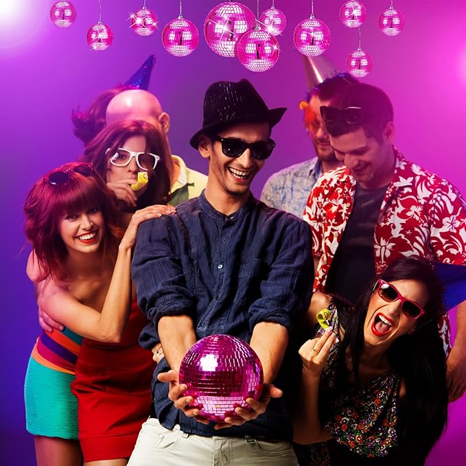 WILLBOND 12 Pack Disco Ball Mirror Ball with Hanging Ring for Fun Retro Disco Party Decorations Party Dj Lighting Effect Stage Props Game Accessories, 5.91", 3.94", 3.15", 2.36"(Pink)