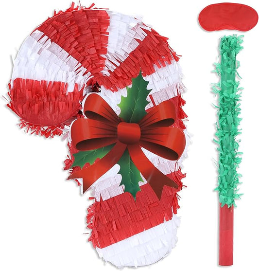 Christmas Candy Cane Pinatas Bundle with a Blindfold and Bat (Small Size 17x11x4 Inches), Holiday Theme Piñata, Christmas Party Supplies, Xmas Piñata, Party Decoration Games