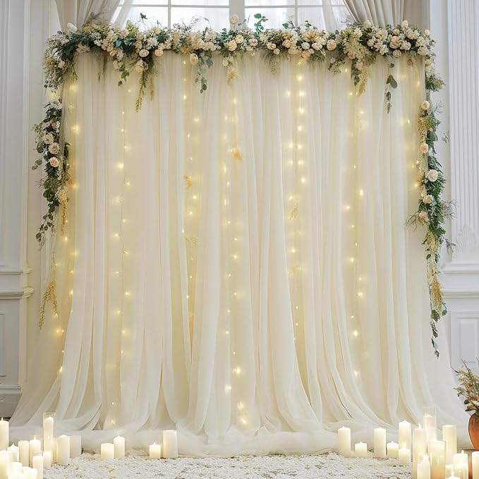 20ft x 10ft Ivory Backdrop Curtain with Lights String for Parties, Sheer Tulle Wedding Photo Backdrops Drapes for Baby Shower Birthday Party Decorations Background for Photography - Image 2