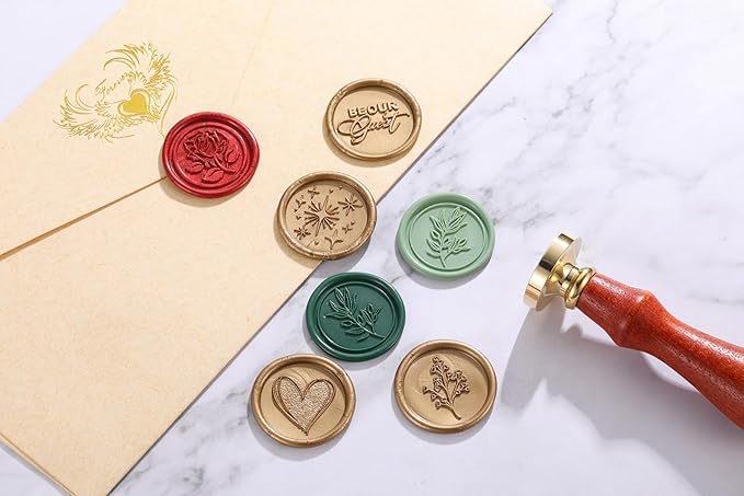 Yoption 6 Pcs Wax Seal Stamp Set, Be Our Guest, Star, Heart, Plant Sealing Stamps Kit with Wooden Handle and Brass Head for Wedding Christmas Greeting Cards Gift