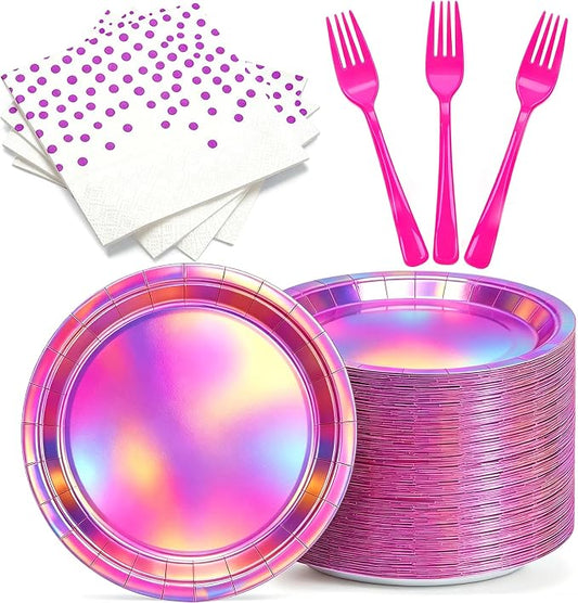 Iridescent 7inch Hot Pink Plates and Napkins for Birthday Party, 50 Guests | 150Pcs Iridescent Hot Pink Party Plates and Napkins, 7’’ Disposable Dessert Plates Napkins Forks Party Supplies for Birthday by CENLBJ