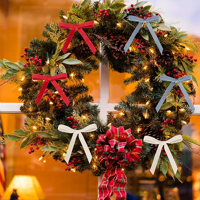 Velvet Ribbon Set - 3/8" x 20Yd, 4 Rolls in 4 Colors, Double Faced on Wooden Spool for Gift Wrapping, Christmas Decoration, Wreaths, Bow Making (Red-Green-Dusty Blue-Ivory) Febwind