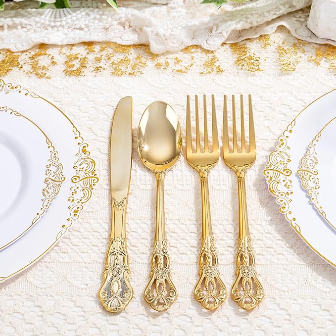 40PCS Gold Plastic Silverware - Heavy Duty Elegant Disposable Utensils - Gold Plastic Cutlery Set Includes 20 Forks, 10 Spoons, 10 Knives for Dinner, Parties, Weddings (Pack of 2)