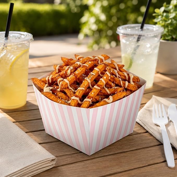 Restaurantware Square Pink And White Stripe Paper Snack Box, 200 Pack - Image 3