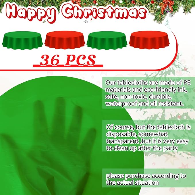 Amylove 36 Pcs Christmas Plastic Tablecloth 84 Inch Round Disposable Plastic Table Cloth Waterproof Decorative Table Cover for Parties Christmas Decor (Red,Green) - Image 2