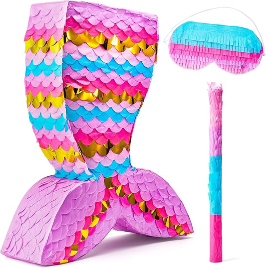 Mermaid Tail Pinata with Plastic Bat and Paper Blindfold for Fun Fiesta Taco Party Supplies, Photo Props, Mexican Theme Decoration, Carnivals Festivals, Girl Kids Birthday Parties 13W x 15.7H